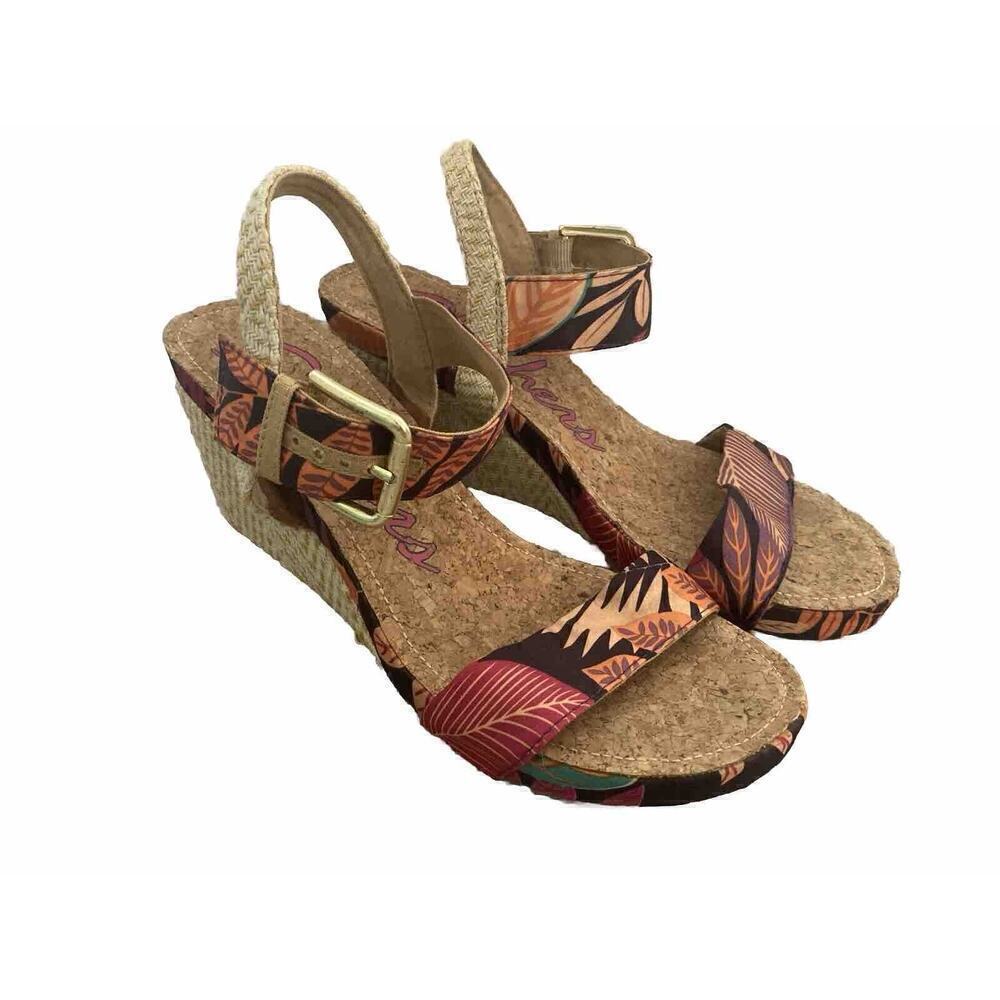 Skechers Hawaiian Floral Aloha Cork Wedge Sandals Heels Women 9 Buckle